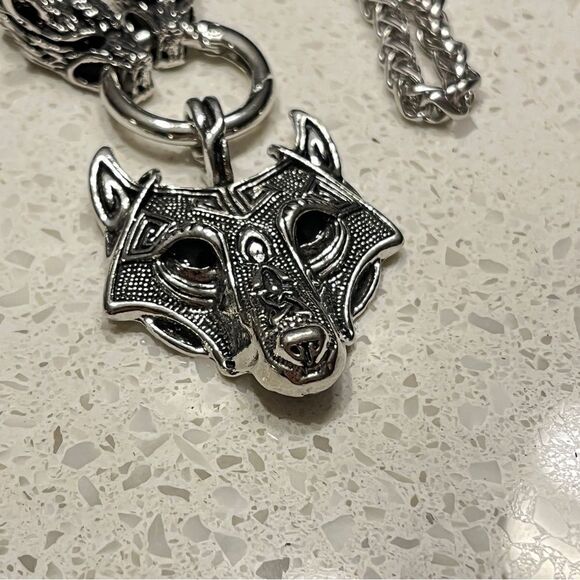 Zinc Alloy Viking Style Wolf Head Pendant Necklace, Retro Amulet Jewelry - Picture 11 of 14